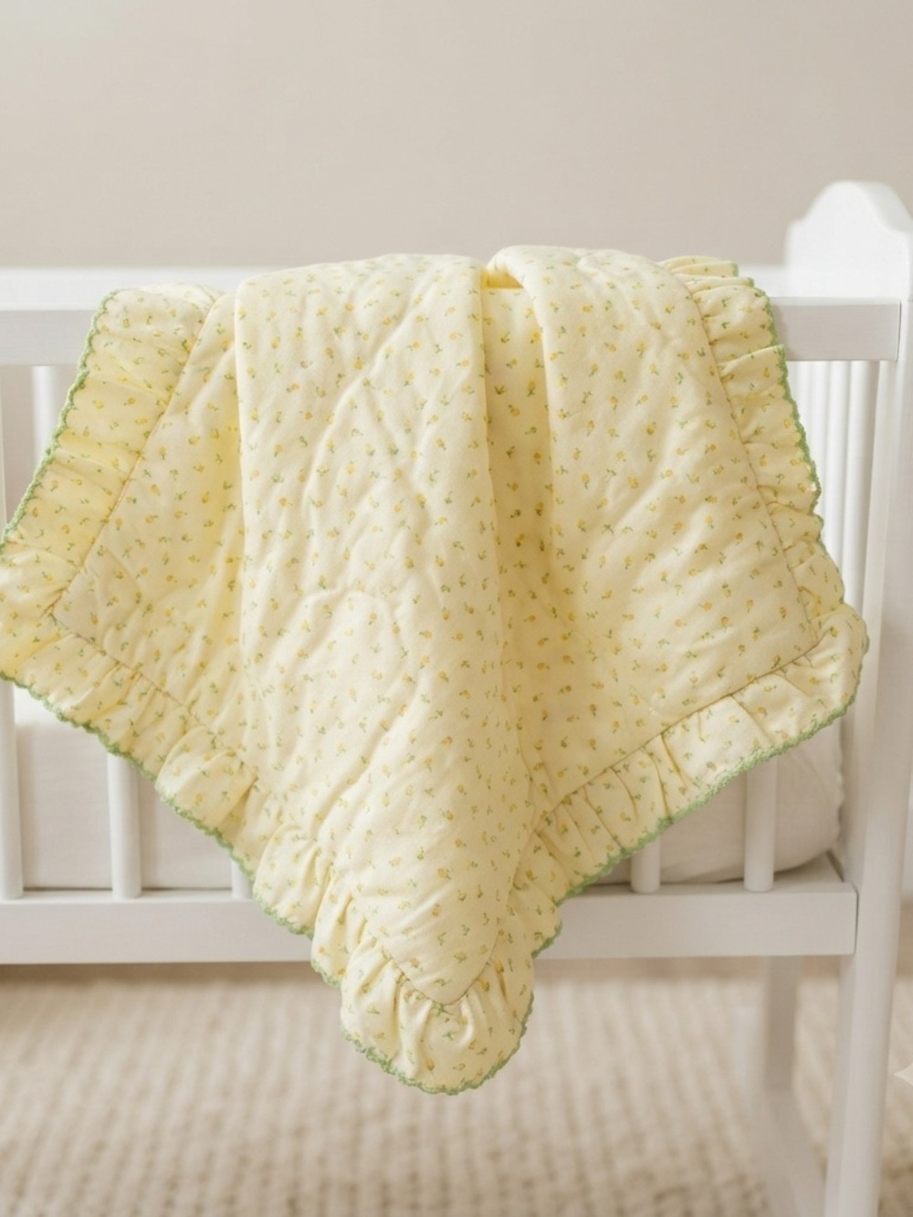 Vintage Yellow Quilted Baby Blanket Ruffle Edge Green Trim Calico Floral Print